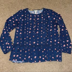 Matilda Jane navy floral top with ruffles at hem and chest, size Large